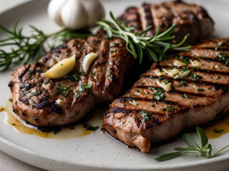zwei Knoblauch-Rosmarin-Steaks auf einem Teller
