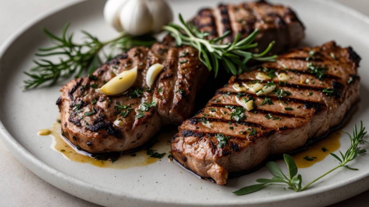zwei Knoblauch-Rosmarin-Steaks auf einem Teller