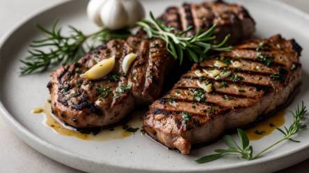 zwei Knoblauch-Rosmarin-Steaks auf einem Teller
