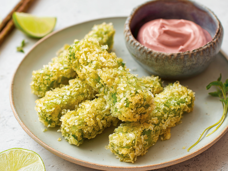 Mehre Stücke Knuspriger Tofu mit Himbeer-Mayonnaise liegen auf einem Teller. Die Mayonnaise ist in einem extra Schälchen mit auf dem Teller. Um den Teller liegen einige Limettenstücke verteilt und links im Hintergrund zwei Essstäbchen.