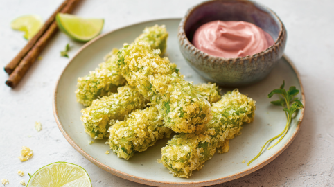 Mehre Stücke Knuspriger Tofu mit Himbeer-Mayonnaise liegen auf einem Teller. Die Mayonnaise ist in einem extra Schälchen mit auf dem Teller. Um den Teller liegen einige Limettenstücke verteilt und links im Hintergrund zwei Essstäbchen.