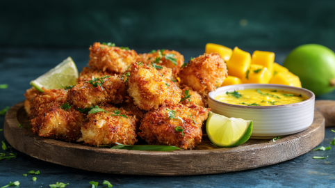 Ein Brett mit Kokos-Chicken-Nuggets, daneben steht ein Mango-Dip.