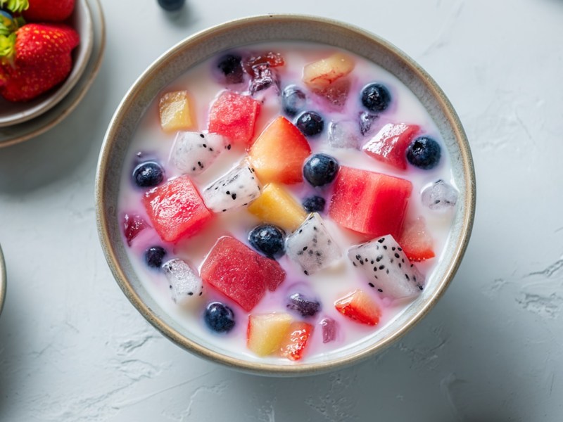 Eine Schüssel koreanische Wassermelonen-Kaltschale, Hwachae. Links im Bild sind Schalen mit frischen Früchten wie Beeren und Wassermelone zu sehen.