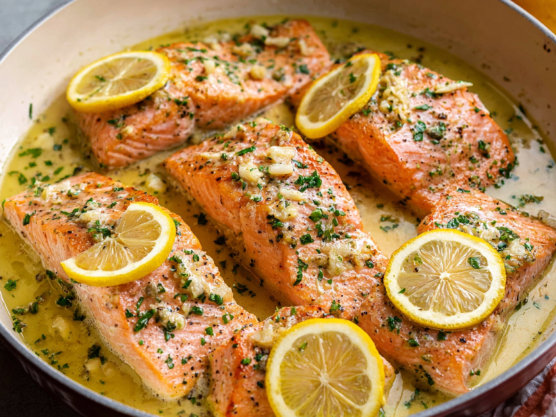 Eine weiße Pfanne, in der Lachs in Zitronen-Knoblauch-Soße angerichtet wurde.