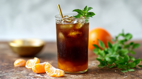 Ein Glas Mandarinen-Americano, garniert mit Minze.