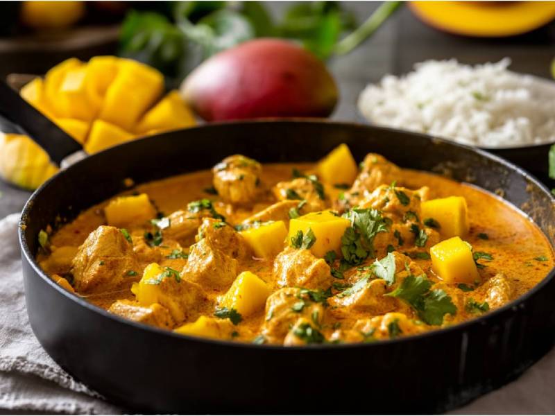 Pfanne mit Mango-Hähnchen-Curry, Mango und Schale Reis daneben