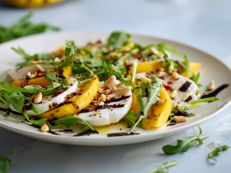 Ein Teller mit Mango-Mozzarella-Caprese. Ringsum liegen etwas frischer Rucola und ein paar Pinienkerne herum.