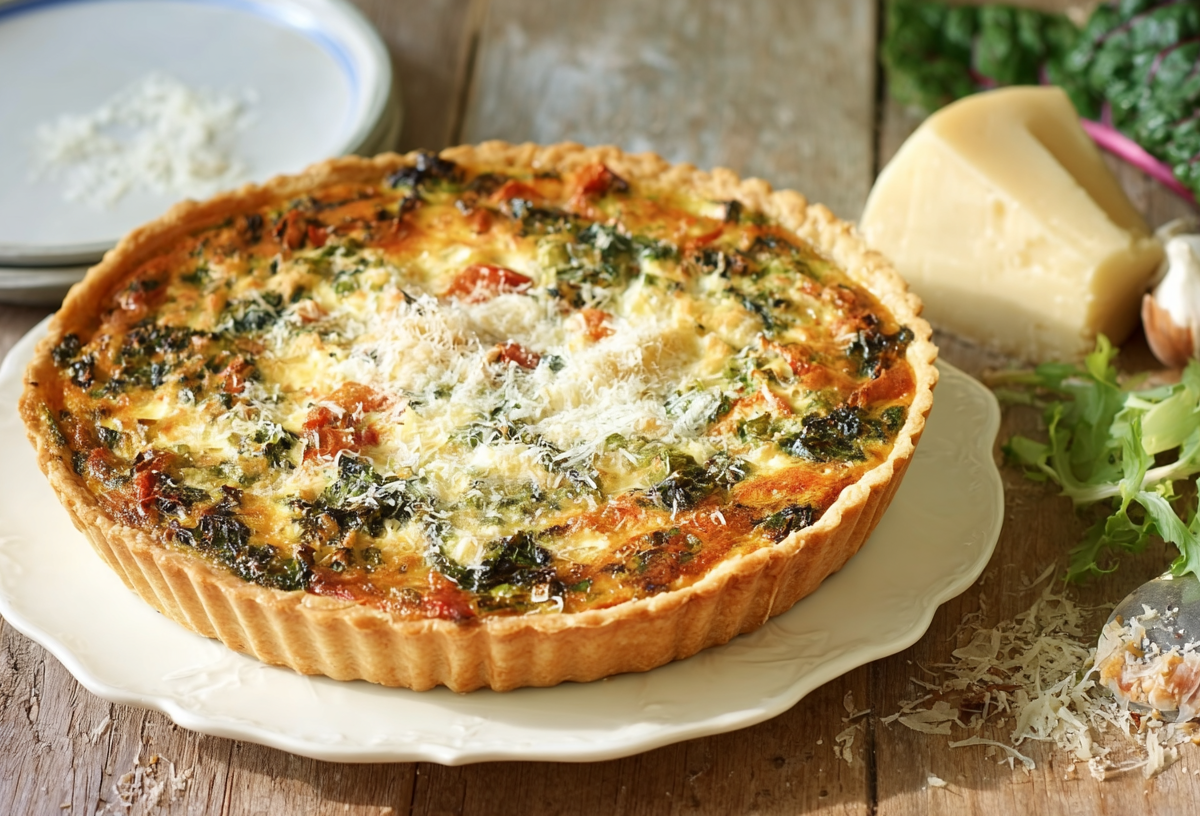 Eine Mangold-Parmesan-Tarte, bestreut mit Parmesan.