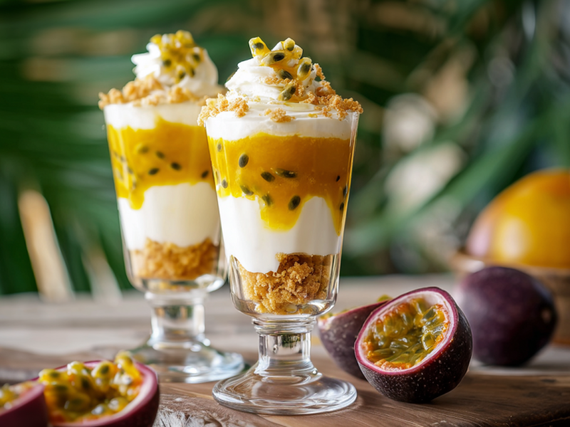 Zwei Gläser mit Maracuja-Dessert mit Buttermilchreme. Als Deko liegen aufgeschnittene Maracuja außen herum.