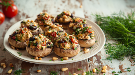 Mediterran gefüllte Champignons auf einem weißen Teller auf einem Holztisch. Hinten links liegen einige Tomaten, rechts im BIld ist Dill zu sehen. Der Teller ist umgeben von angerösteten Pinienkernen.