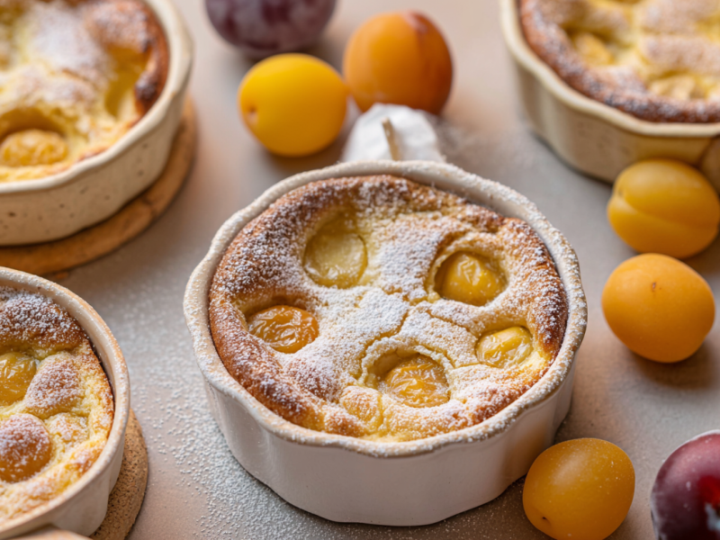 Einige Mini-Clafoutis mit Mirabellen, daneben frische Mirabellen.