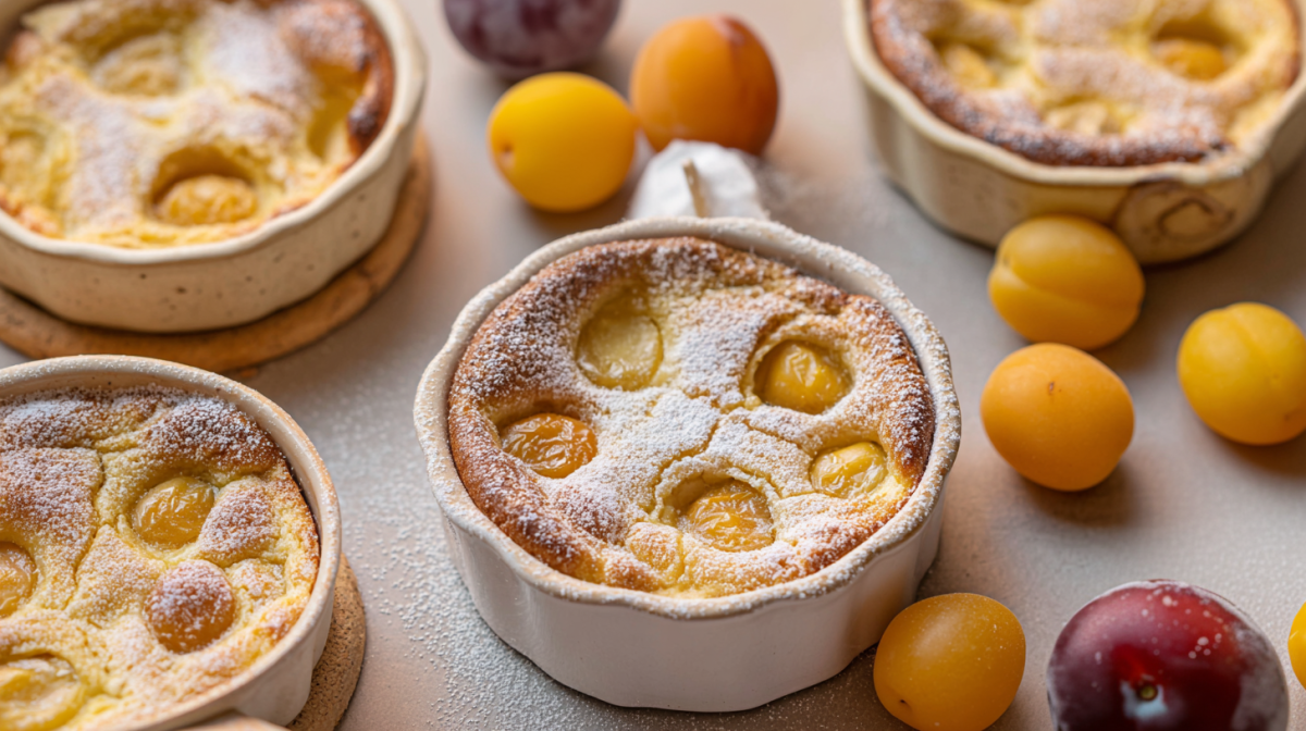 Einige Mini-Clafoutis mit Mirabellen, daneben frische Mirabellen.