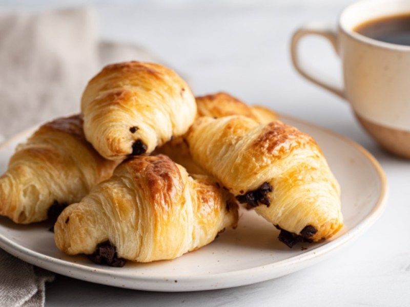 Mehrere Mini-Schoko-Croissants auf einem Teller. Daneben eine Tasse Kaffee.