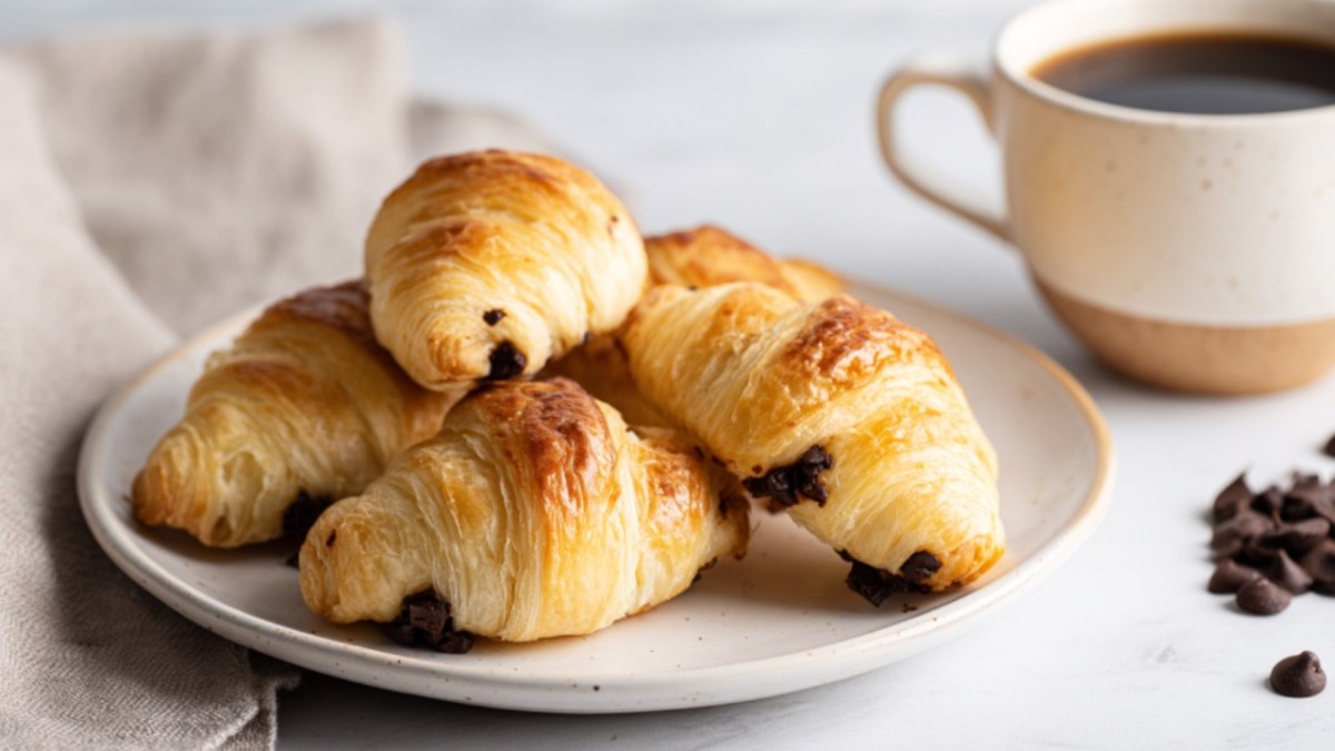Mehrere Mini-Schoko-Croissants auf einem Teller. Daneben eine Tasse Kaffee.