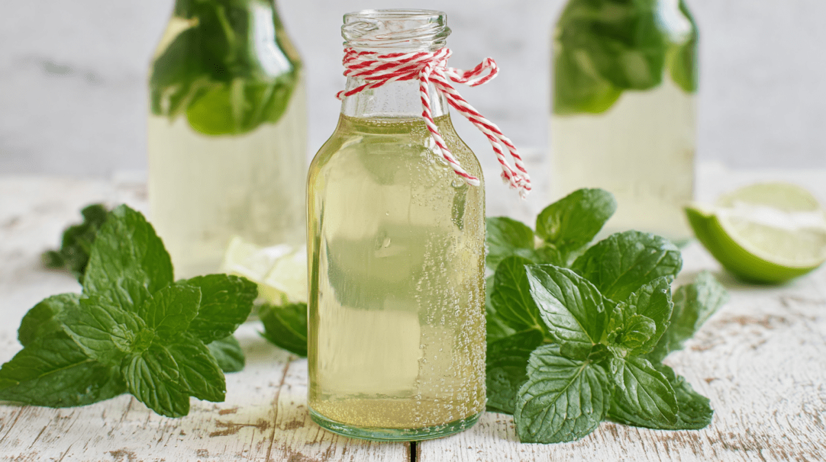 Eine Flasche mit Minz-Sirup steht im Fokus. Links und rechts daneben liegen Minzblätter. Im Hintergrund sieht man zwei weitere Flaschen mit dem Sirup sowie einige Limettenstücke.