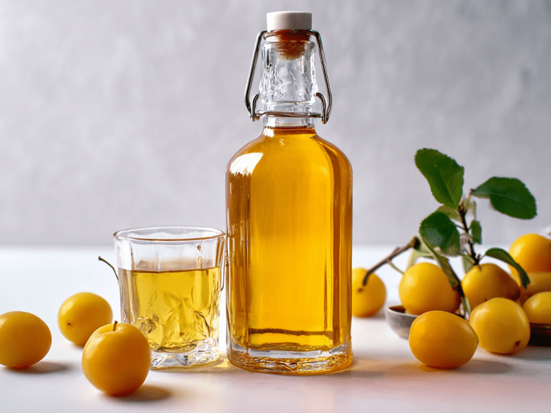 Eine Flasche Mirabellenlikör, daneben ein Glas und einige Früchte.