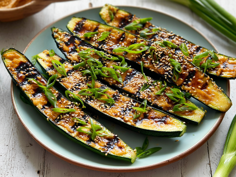Ein Teller mit Miso-Zucchini, bestreut mit Sesam und Frühlingszwiebeln.