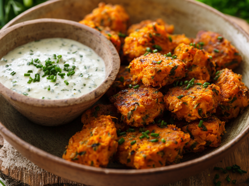 Eine Schale mit Möhren-Nuggets auf einem rustikalen Untersetzer. Mit in der Schale steht ein Schälchen mit einem passenden Dip.