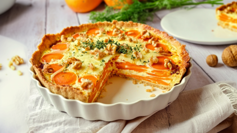 Eine angeschnittene Möhrentarte noch in der Tarteform. Sie steht auf einem beigen Tuch auf einem grauen Tisch. Rechts im Bild sieht man noch einen Teller mit einem Tartestück sowie zwei Walnüsse. Im Hintergrund liegen einige Kräuter.