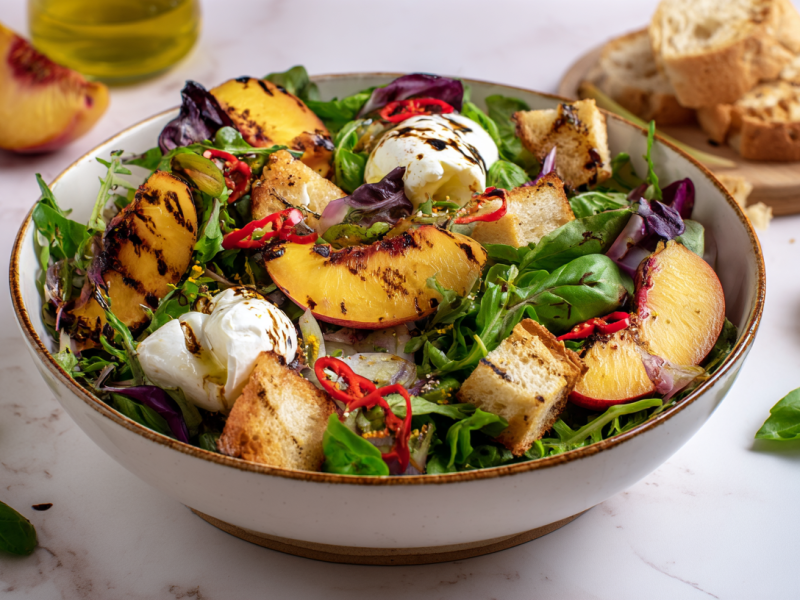 Eine Schale Nektarinensalat mit Burrata. Um die Schale verteilt liegen einige Salatblätter, aufgeschnittene Nektarinen sowie einige Stücke Ciabatta.