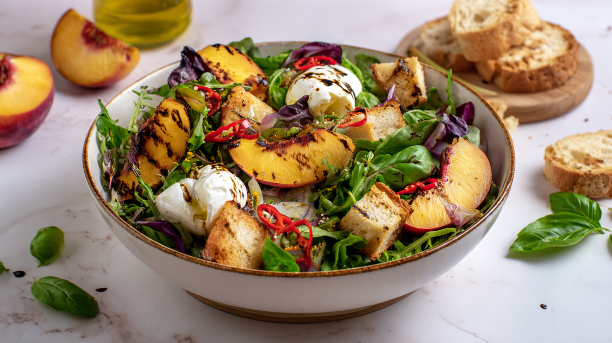 Eine Schale Nektarinensalat mit Burrata. Um die Schale verteilt liegen einige Salatblätter, aufgeschnittene Nektarinen sowie einige Stücke Ciabatta.