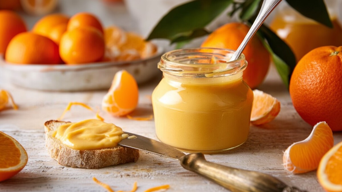 Ein Glas selbst gemachtes Orangen-Curd. Im Glas steckt ein Löffel. Daneben liegt eine kleine Scheibe Brot mit Orangen-Curd. Das Messer liegt noch mit Orangen-Curd darauf. Ansonsten kann man frische Orangen und Orangenstücke erkennen.