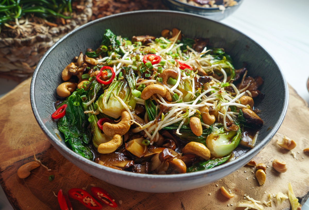 Ein Schüssel mit einer Pak Choi Pilzpfanne auf einem Holzbrett. Um die Schüssel liegen einige Zutaten wie Chilischoten und Cashewkerne verteilt.