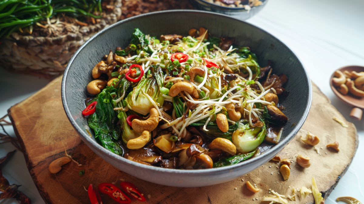 Ein Schüssel mit einer Pak Choi Pilzpfanne auf einem Holzbrett. Um die Schüssel liegen einige Zutaten wie Chilischoten und Cashewkerne verteilt.
