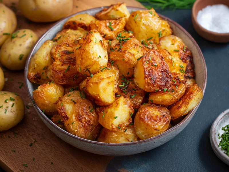 Eine Schüssel voll mit perfekten Ofenkartoffeln, daneben Kartoffeln, Salz und Kräuter.
