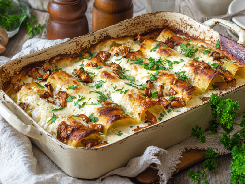Eine Auflaufform mit Pfifferling-Cannelloni auf einem weißen Tuch. Um die Form verteilt liegen verschiedene Zutaten, wie Champignons, Petersilie und eine Salz- und Pfeffermühle.