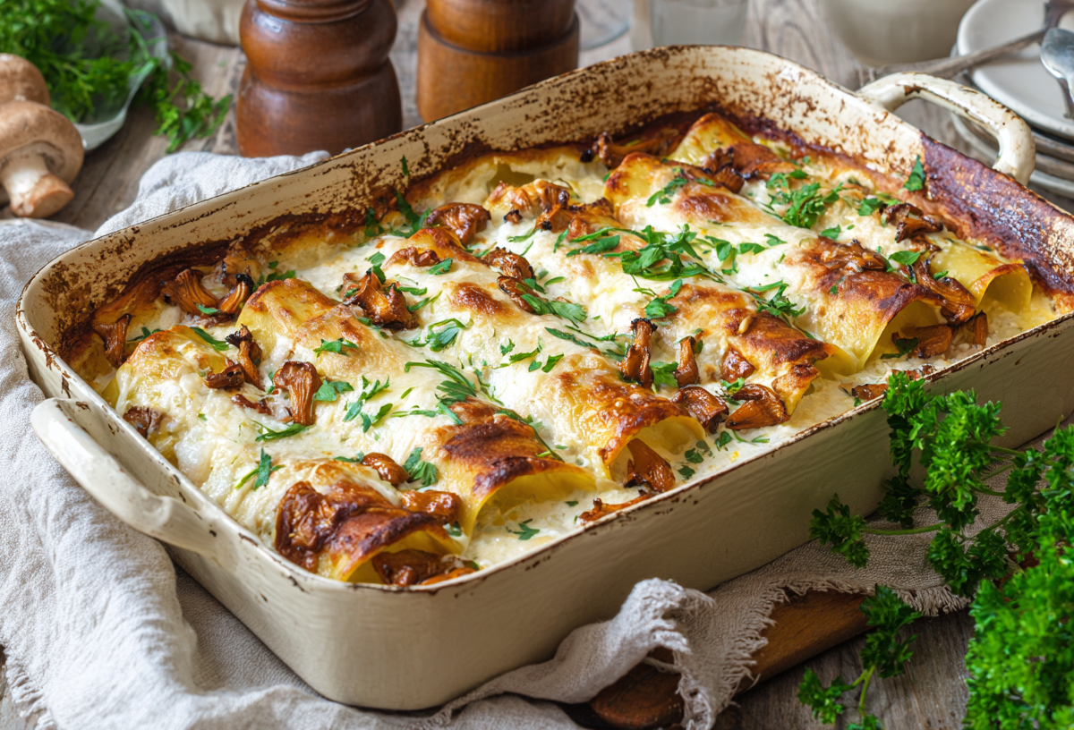 Eine Auflaufform mit Pfifferling-Cannelloni auf einem weißen Tuch. Um die Form verteilt liegen verschiedene Zutaten, wie Champignons, Petersilie und eine Salz- und Pfeffermühle.