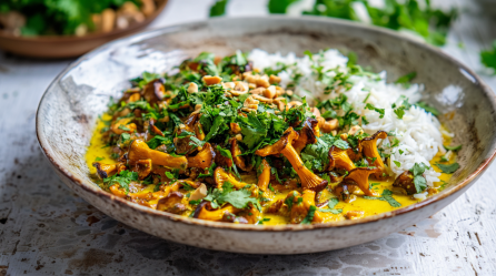 Ein Teller Pfifferling-Curry auf einem marmorierten Untergrund. Im Hintergrund sieht man noch einigen frischen Koriander. Das Curry ist goldfarben, mit Reis serviert und mit Erdnüssen und Koriander garniert.