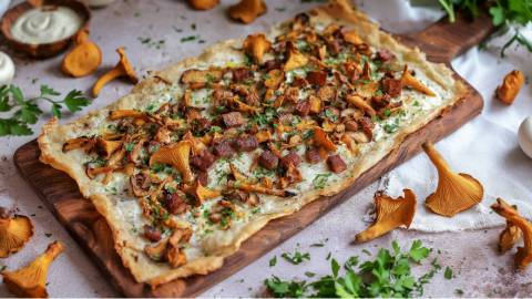 Holzbrett mit einem Pfifferling-Flammkuchen mit Speck, frische Pfifferlingen daneben