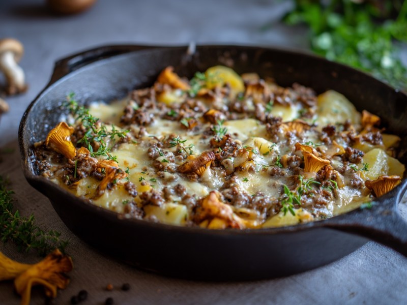 Eine Pfifferling-Hack-Pfanne mit Kartoffeln, die mit Käse überbacken und mit frischen Kräutern garniert ist. Ringsum liegen einige Pilze und frische Kräuter verstreut.