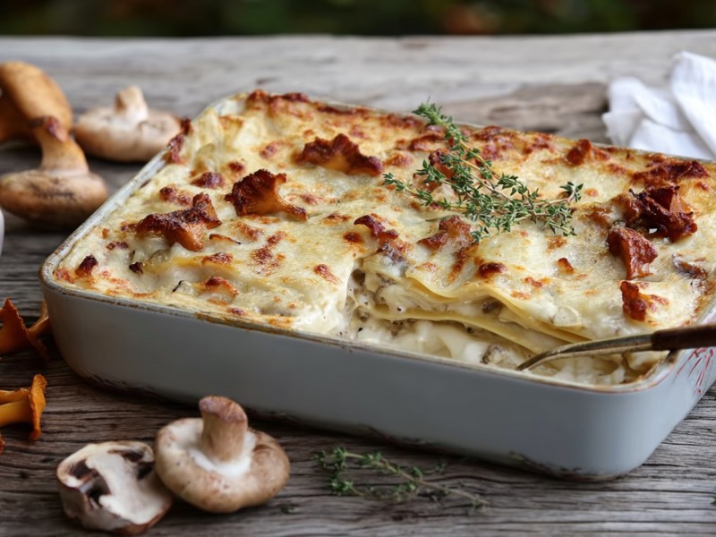 Eine Auflaufform mit einer Pfifferling-Lasagne, die mit frischen Thymianzweigen garniert sind. Ringsum liegen frische Pfifferlinge, Champignons und Knoblauchknollen.