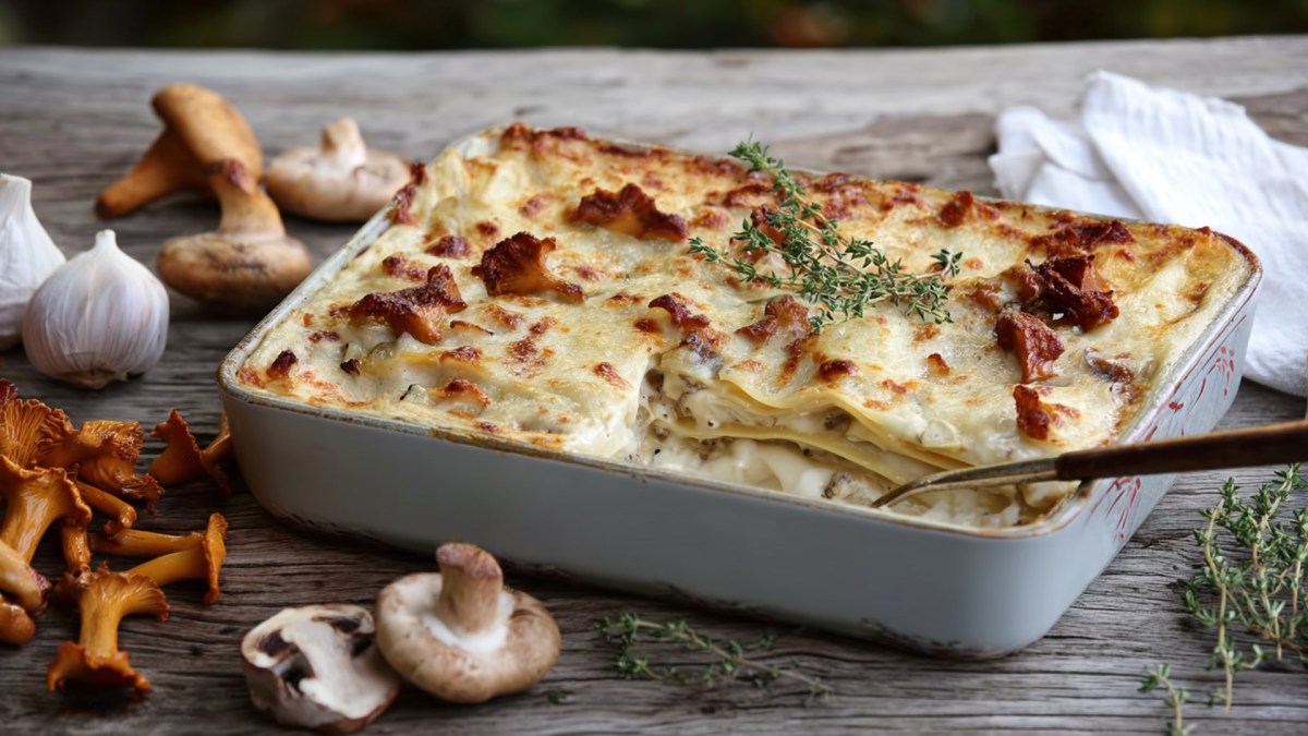 Eine Auflaufform mit einer Pfifferling-Lasagne, die mit frischen Thymianzweigen garniert sind. Ringsum liegen frische Pfifferlinge, Champignons und Knoblauchknollen.