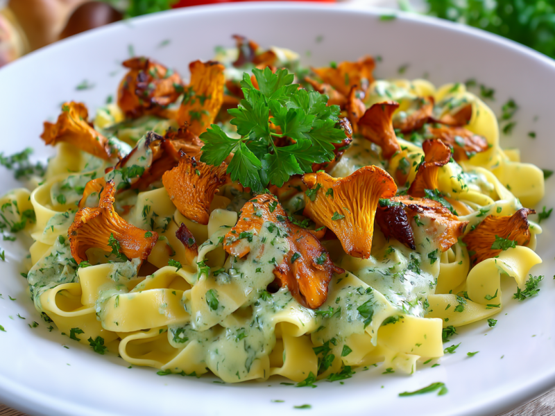 Eine Pfifferling-Nudelpfanne auf einem weißen Teller. Sie sind mit frischen Kräutern bestreut.