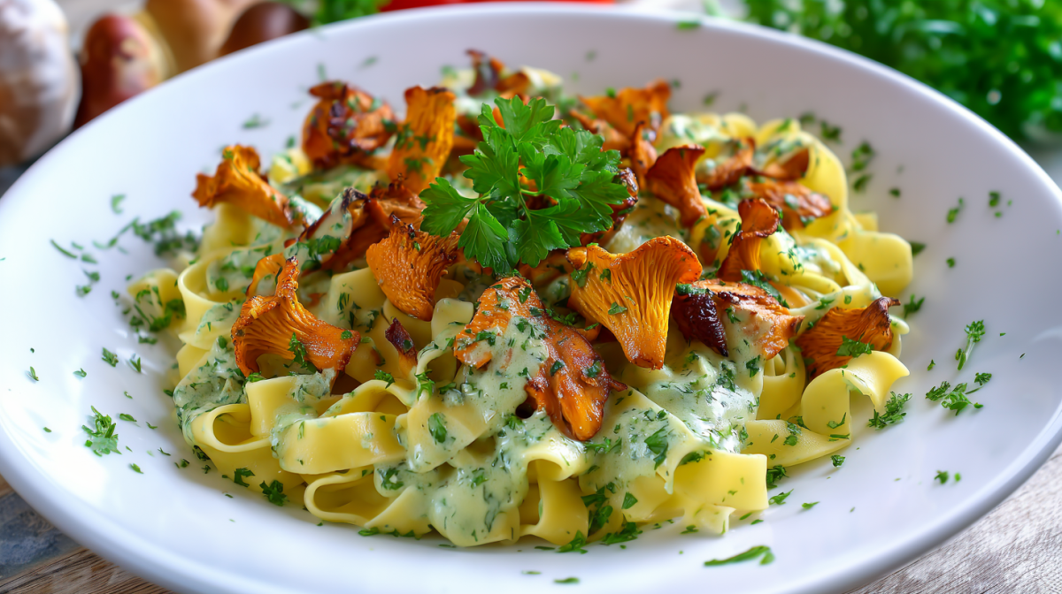 Eine Pfifferling-Nudelpfanne auf einem weißen Teller. Sie sind mit frischen Kräutern bestreut.