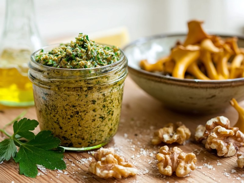 Ein Glas mit Pfifferling-Pesto, dass auf einem Holztisch steht. Im Hintergrund ist eine Schale mit Pfifferlingen und ein Gefäß mit Olivenöl. Außerdem liegt etwas Petersilie und einige Walnüsse herum.