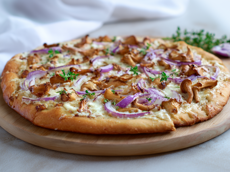 Eine Pfifferling Pizza auf einer Holzunterlage. Im Hintergrund sieht man etwas frischen Thymian sowie zwei Zwiebeln. Rechts im Bild liegen zwei kleine Knoblauchzehen.