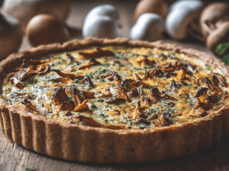 Eine Pfifferling-Quiche auf einem rustikalen Holztisch. Im Hintergrund liegen mehrere Champignons. Rechts neben der Quiche sind frische Kräuter.