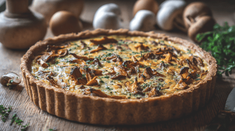 Eine Pfifferling-Quiche auf einem rustikalen Holztisch. Im Hintergrund liegen mehrere Champignons. Rechts neben der Quiche sind frische Kräuter.