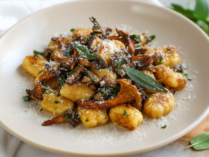 Ein großer Teller mit Pfifferling-Salbei-Gnocchi, die mit etwas frisch geriebenem Parmesan garniert sind. Links vom Teller liegt eine weiße Tischdecke drapiert. Rechts vom Teller kann man auf dem Holztisch einige frische Salbeiblätter herumliegen sehen.