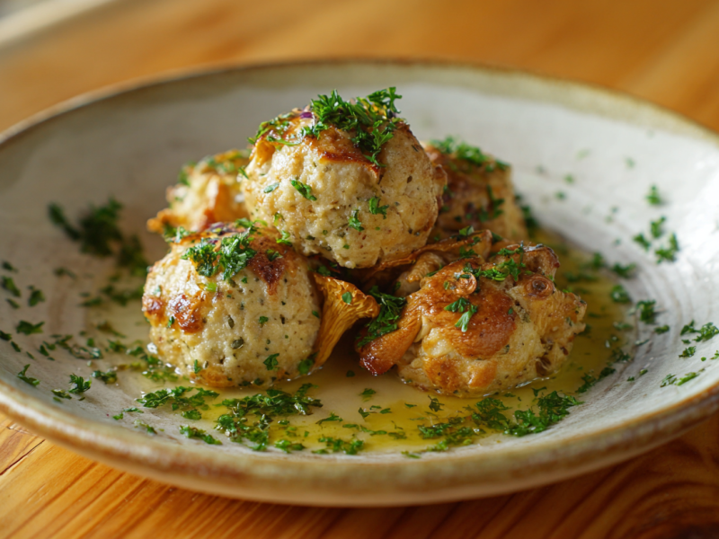 Fünf Pfifferlingsknödel, serviert in einem grauen Teller. Sie sind mit geschmolzener Butter sowie frischer Petersilie angerichtet.