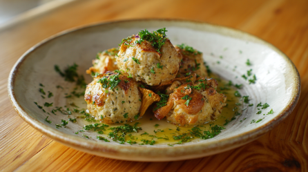 Fünf Pfifferlingsknödel, serviert in einem grauen Teller. Sie sind mit geschmolzener Butter sowie frischer Petersilie angerichtet.