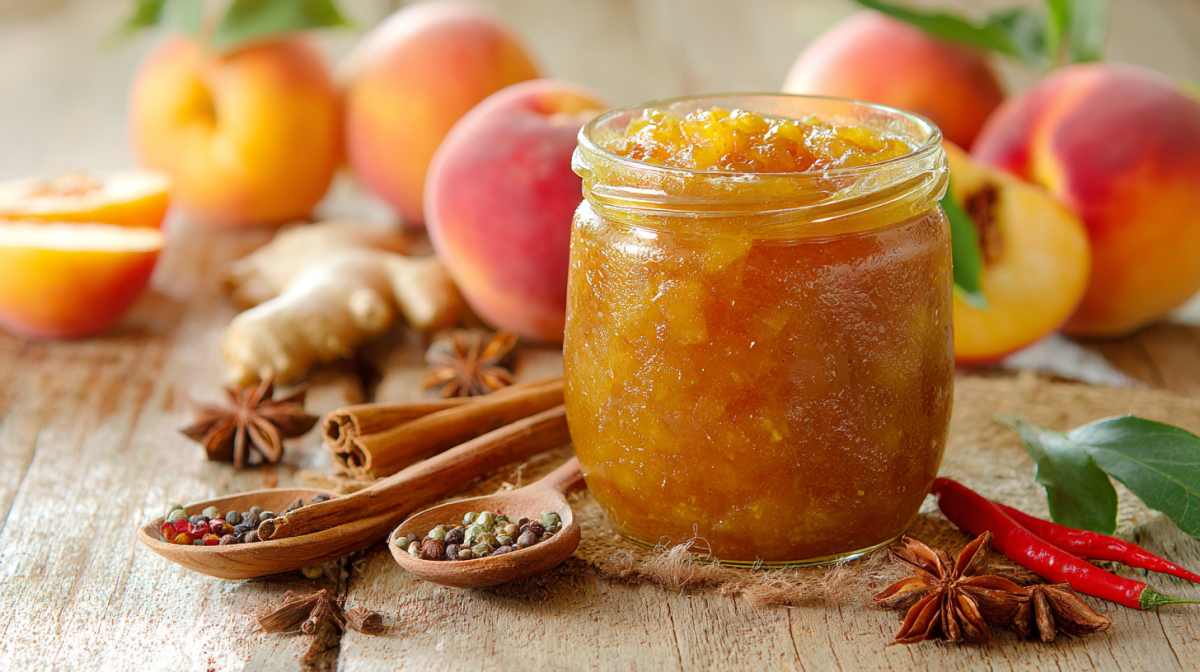 Ein Glas Pfirsich-Chutney auf einem Holztisch. Um das Glas liegen einige Zutaten verteilt. Im Hintergrund liegen frische Pfirsiche.