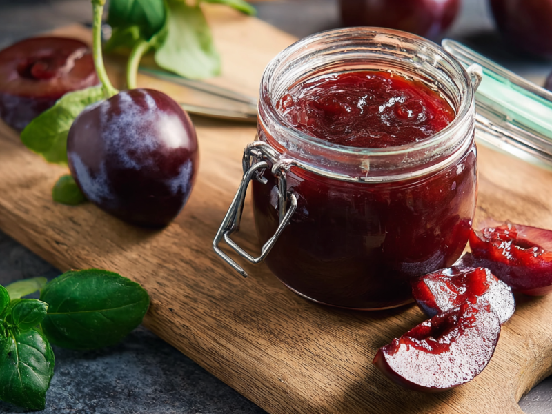 Ein Glas Pflaumen-Basilikum-Marmelade auf einem Holzbrett.