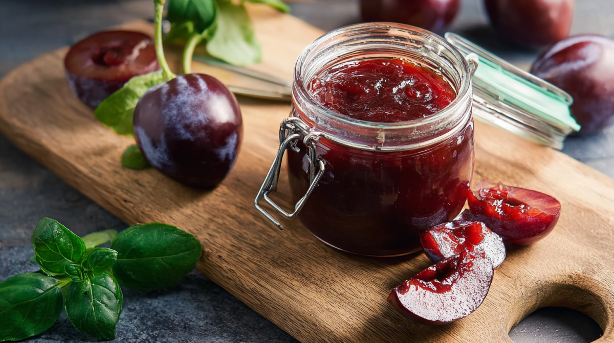 Ein Glas Pflaumen-Basilikum-Marmelade auf einem Holzbrett.