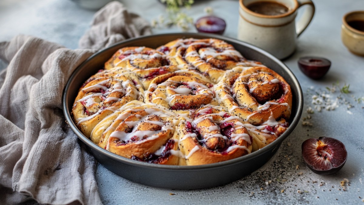 Ein rundes Backblech mit Pflaumen-Mohnschnecken, die mit einer leichten Vanille-Glasur überzogen sind. Neben der Form liegt ein Leinentuch drapiert. Außerdem ist eine kleine Kanne aus Ton mit Pflaumenmus, aufgeschnittene Pflaumen und Mohn verstreut zu sehen.