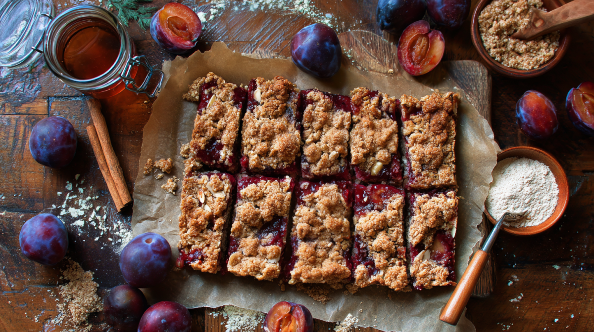 Pflaumen-Streusel-Riegel, liegen auf Backpapier. Pflaumen als Dekoration außen herum.